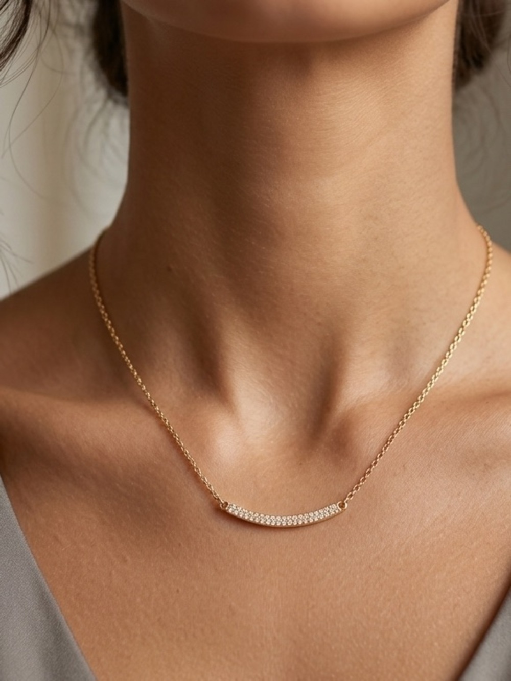 Dainty Gold-Tone Curved Bar Pavé Rhinestone Necklace
